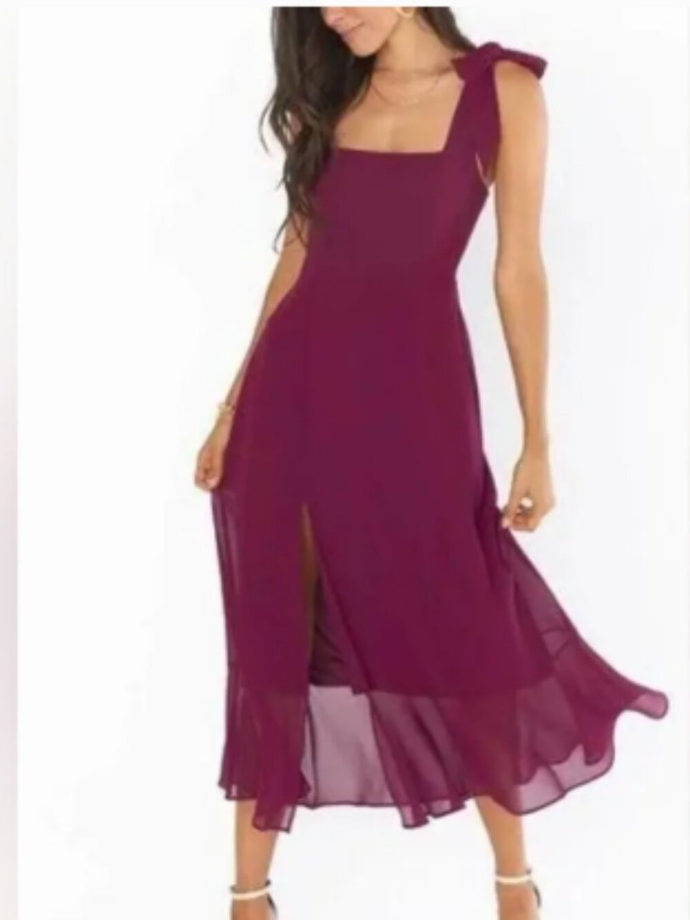 Show Me Your Mumu Claire Midi Dress Merlot Burgundy Tie Strap Chiffon Wedding S